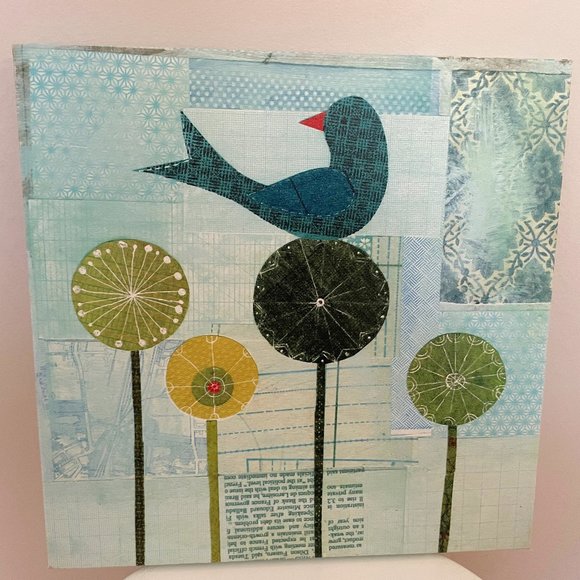 Anthropologie Lorena Siminovich Original Blue Bird Stretched Canvas Painting - Picture 1 of 7